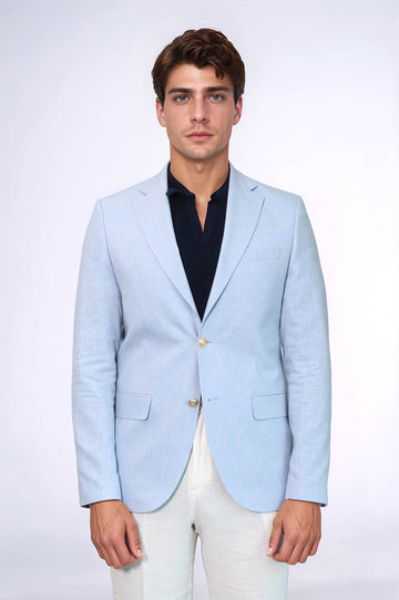 Light Blue Textured Linen-Feel Gold Metal Button Slim Fit Men's Blazer Jacket - Wessi