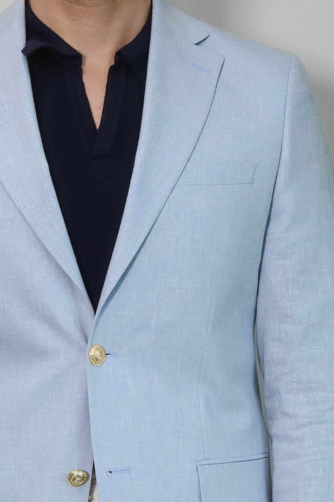 Light Blue Textured Linen-Feel Gold Metal Button Slim Fit Men's Blazer Jacket - Wessi