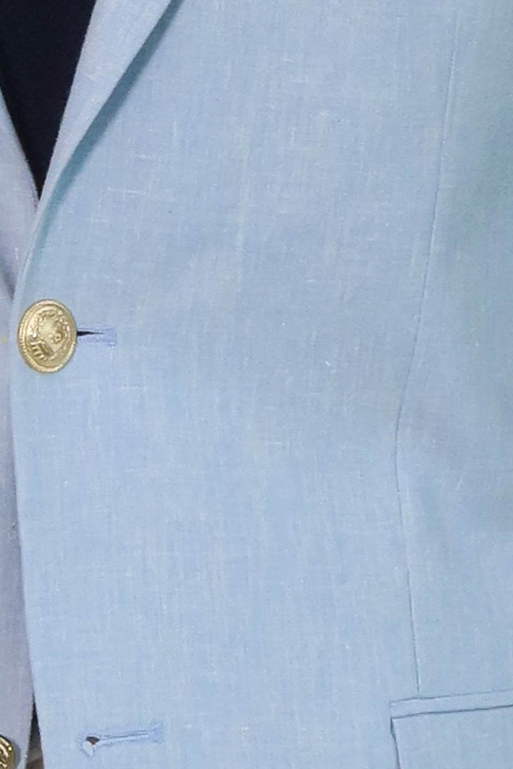 Light Blue Textured Linen-Feel Gold Metal Button Slim Fit Men's Blazer Jacket - Wessi