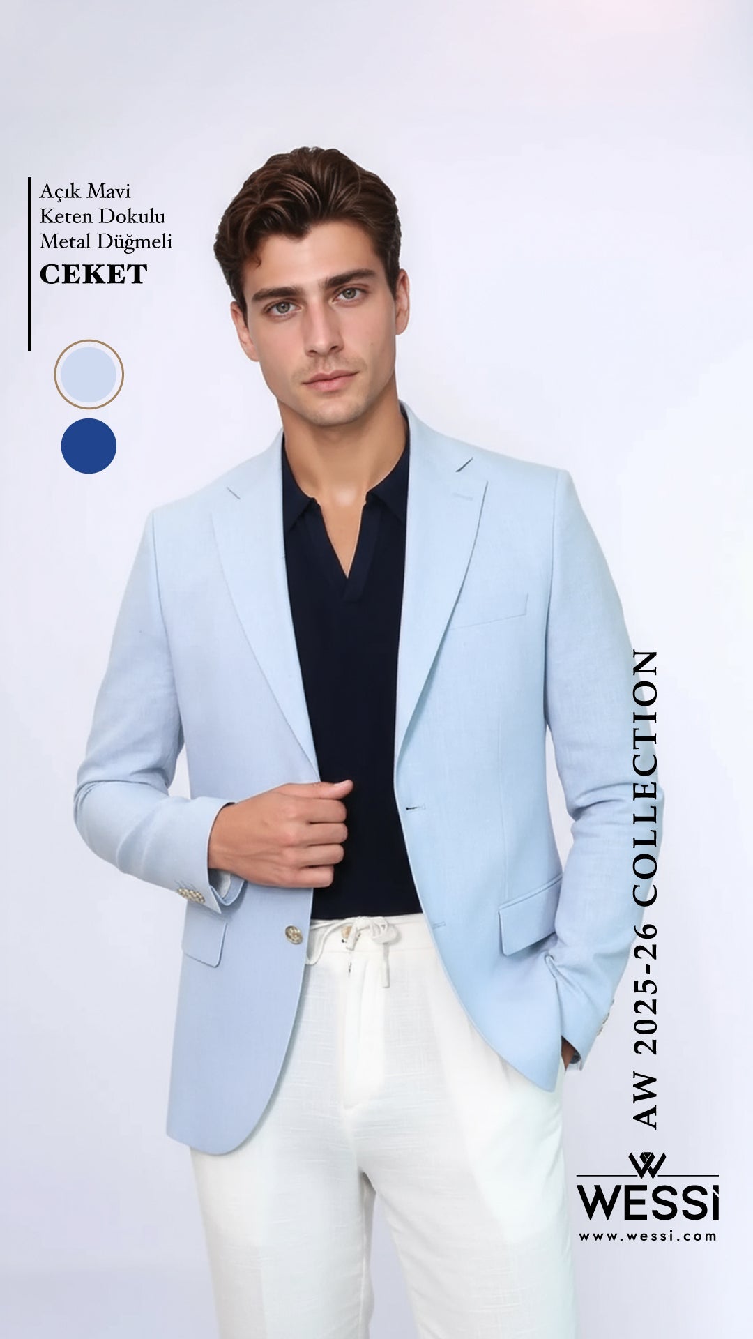 Light Blue Textured Linen-Feel Gold Metal Button Slim Fit Men's Blazer Jacket - Wessi