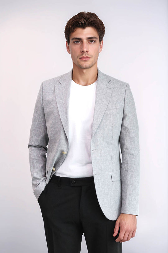 Grey Textured Linen-Feel Gold Metal Button Slim Fit Men's Blazer | Wessi Wessi - Discover Diversity Grey Textured Linen-Feel Gold Metal Button Slim Fit Men's Blazer | Wessi Wessi - Discover Diversity