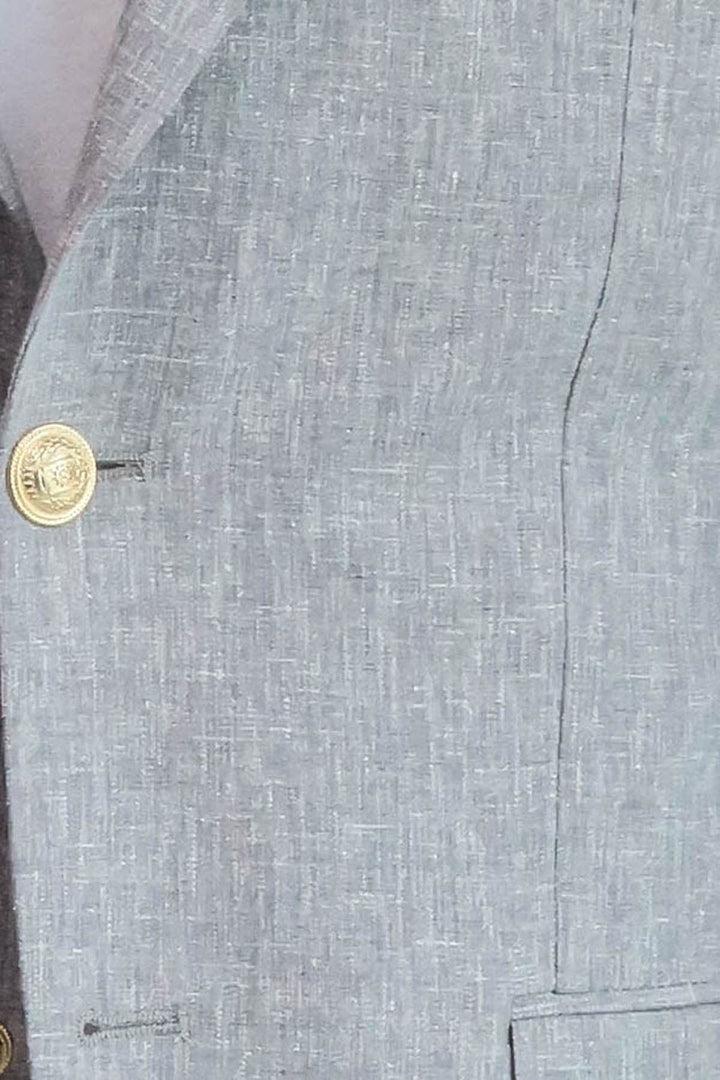 Grey Textured Linen-Feel Gold Metal Button Slim Fit Men's Blazer Jacket - Wessi