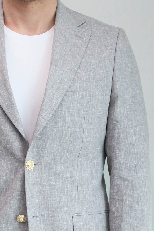 Grey Textured Linen-Feel Gold Metal Button Slim Fit Men's Blazer Jacket - Wessi