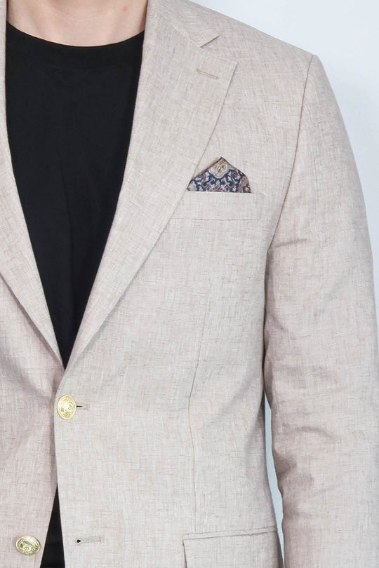 Beige Textured Linen-Feel Gold Metal Button Slim Fit Men's Blazer Jacket - Wessi