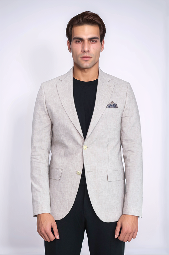 Beige Textured Linen-Feel Gold Metal Button Slim Fit Men's Blazer Jacket - Wessi