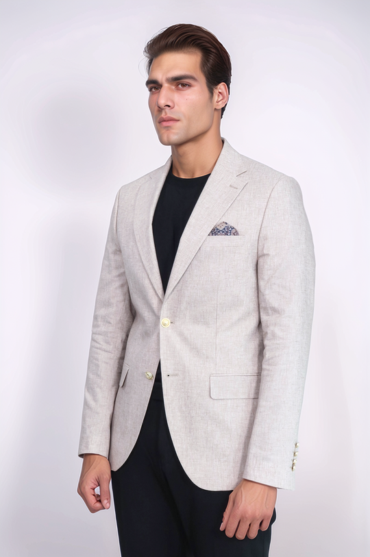 Beige Textured Linen-Feel Gold Metal Button Slim Fit Men's Blazer Jacket - Wessi