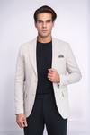 Beige Textured Linen-Feel Gold Metal Button Slim Fit Men's Blazer Jacket - Wessi