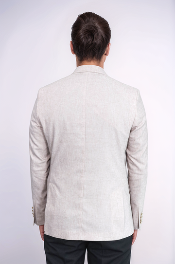 Beige Textured Linen-Feel Gold Metal Button Slim Fit Men's Blazer Jacket - Wessi