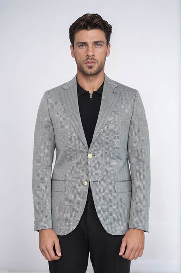 Black Herringbone Pattern Gold Metal Button Slim Fit Men's Blazer Jacket - Wessi
