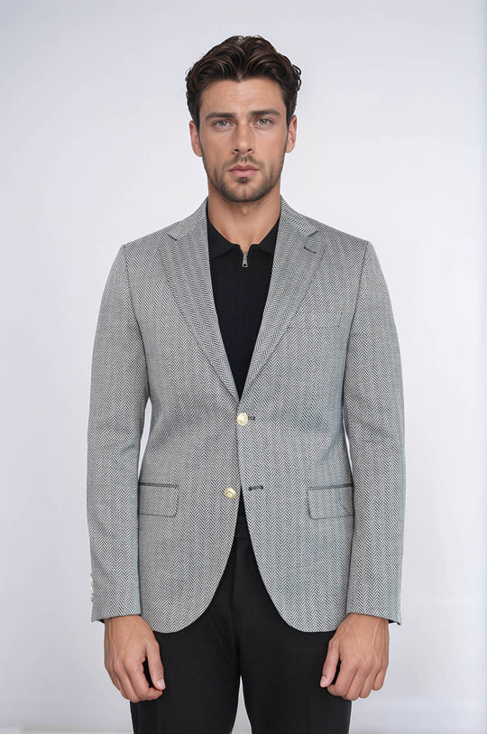 Black Herringbone Pattern Gold Metal Button Slim Fit Men's Blazer Jacket - Wessi