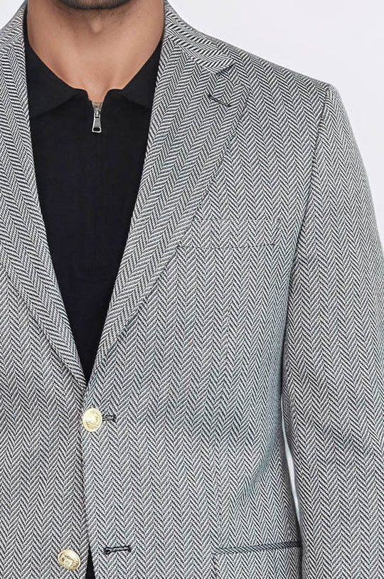 Black Herringbone Pattern Gold Metal Button Slim Fit Men's Blazer Jacket - Wessi
