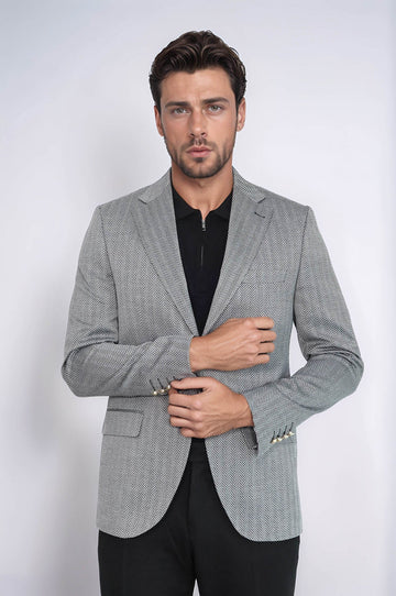 Black Herringbone Pattern Gold Metal Button Slim Fit Men's Blazer Jacket - Wessi