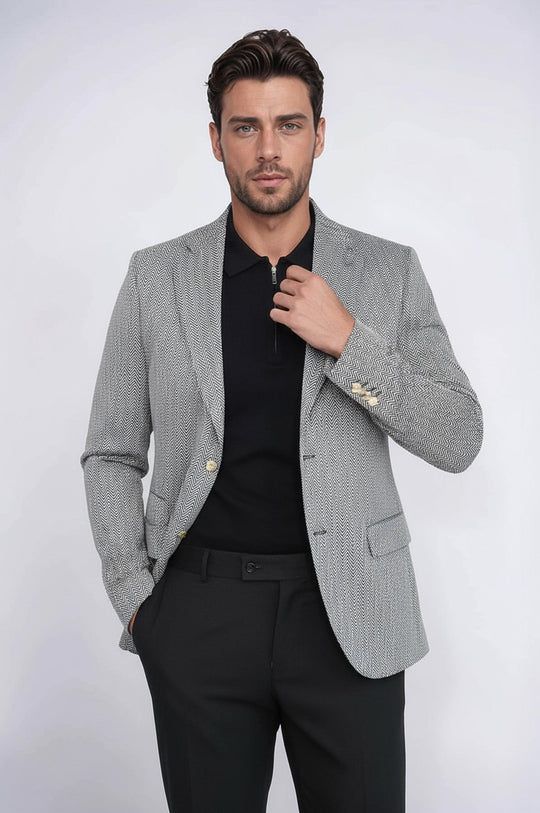 Black Herringbone Pattern Gold Metal Button Slim Fit Men's Blazer Jacket | Wessi Wessi - Discover Diversity Black Herringbone Pattern Gold Metal Button Slim Fit Men's Blazer Jacket | Wessi Wessi - Discover Diversity