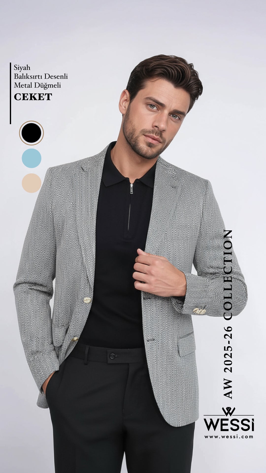 Black Herringbone Pattern Gold Metal Button Slim Fit Men's Blazer Jacket - Wessi