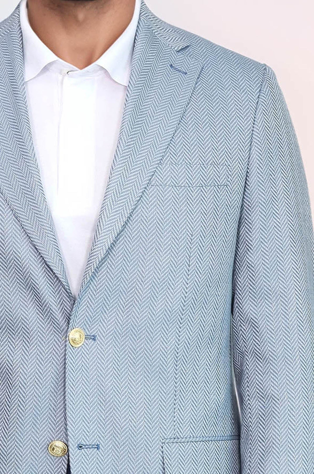 Light Blue Herringbone Pattern Gold Metal Button Slim Fit Men's Blazer Jacket - Wessi