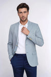 Light Blue Herringbone Pattern Gold Metal Button Slim Fit Men's Blazer Jacket - Wessi