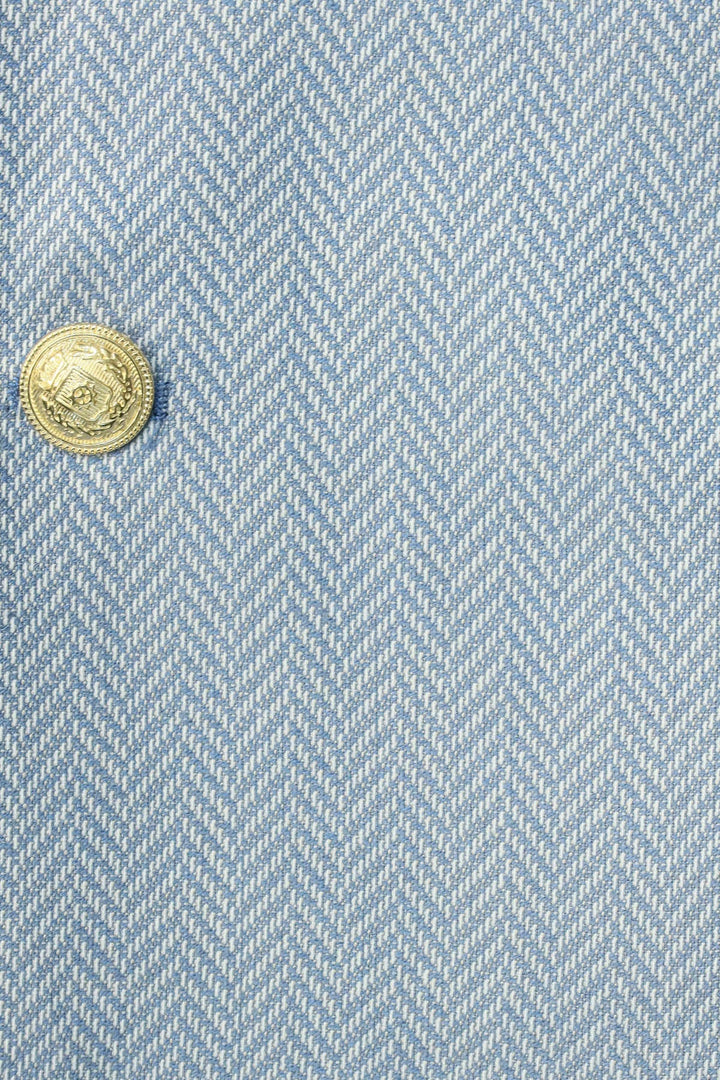 Light Blue Herringbone Pattern Gold Metal Button Slim Fit Men's Blazer Jacket - Wessi