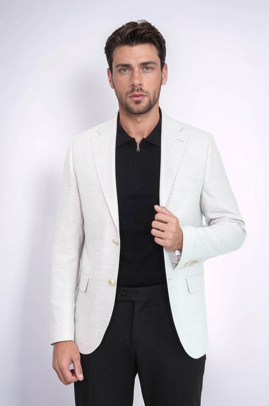 Light Grey Herringbone Pattern Gold Metal Button Slim Fit Men's Blazer | Wessi Wessi - Discover Diversity Light Grey Herringbone Pattern Gold Metal Button Slim Fit Men's Blazer | Wessi Wessi - Discover Diversity