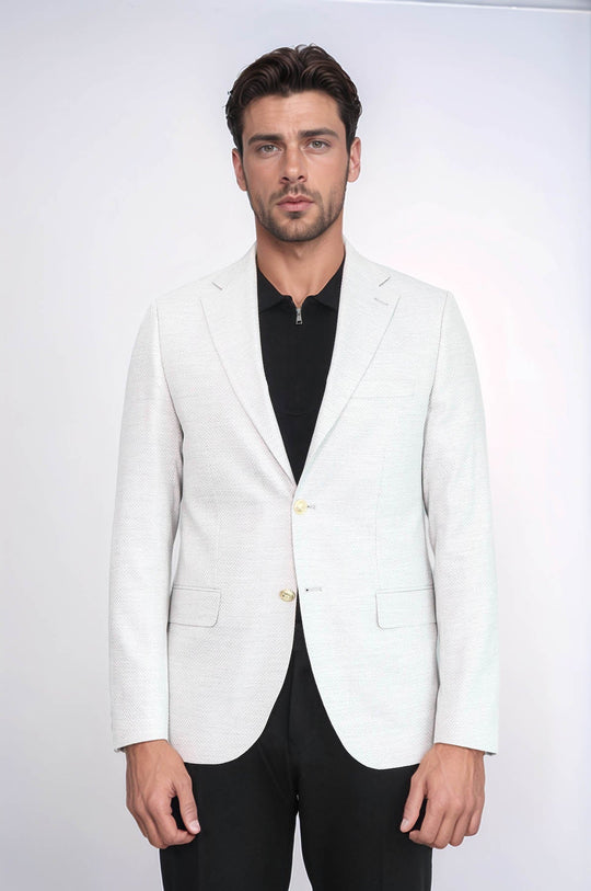 Light Grey Herringbone Pattern Gold Metal Button Slim Fit Men's Blazer Jacket - Wessi