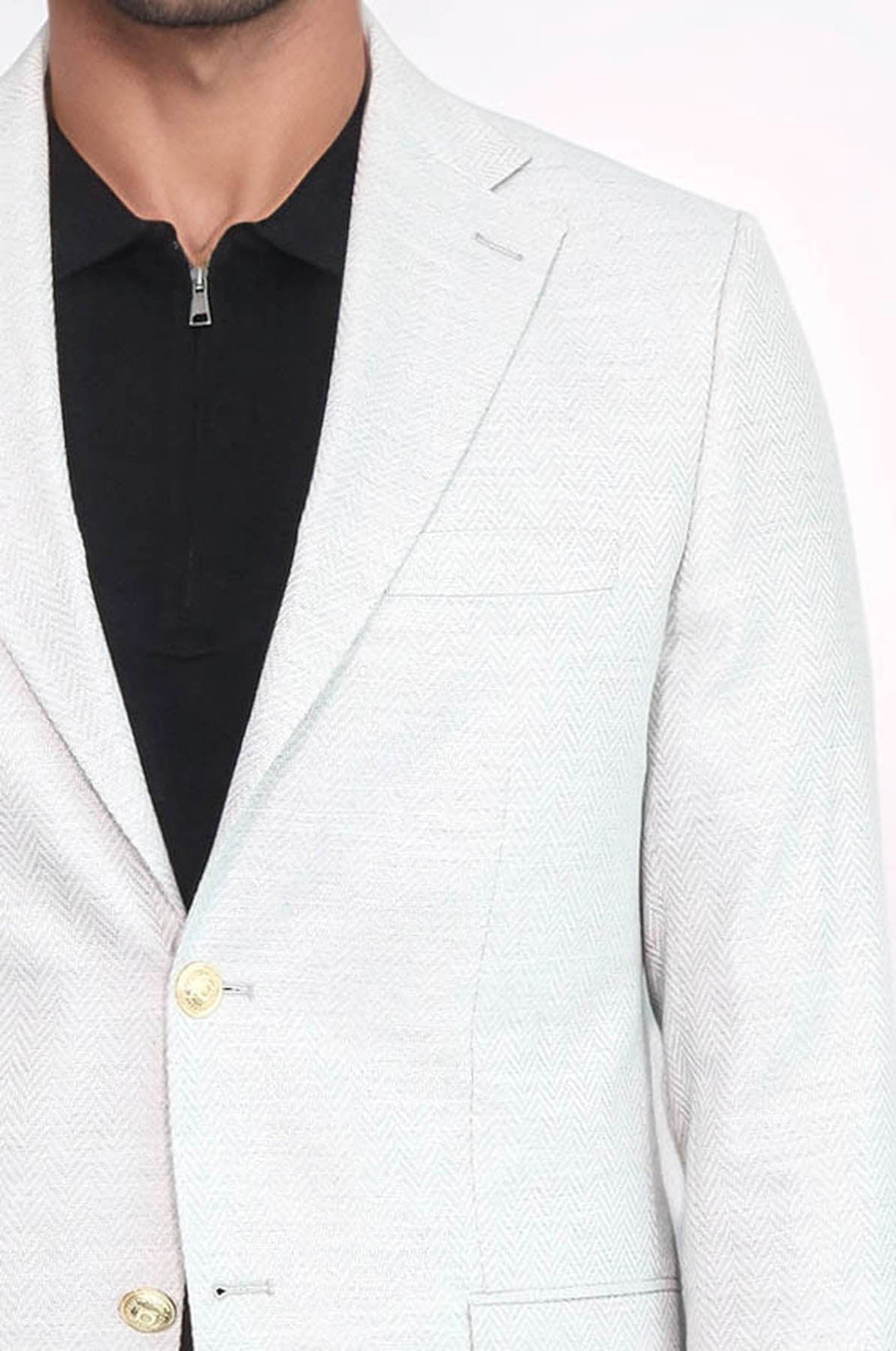 Light Grey Herringbone Pattern Gold Metal Button Slim Fit Men's Blazer Jacket - Wessi