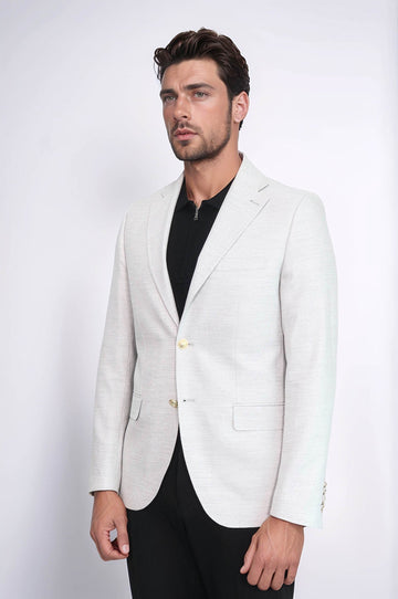 Light Grey Herringbone Pattern Gold Metal Button Slim Fit Men's Blazer Jacket - Wessi