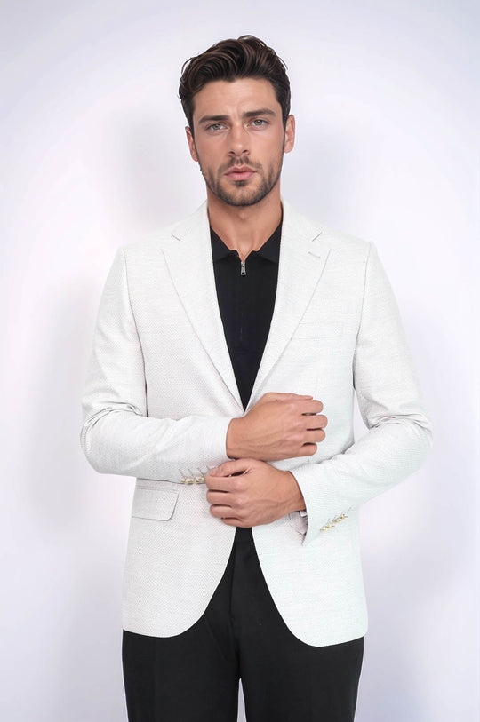 Light Grey Herringbone Pattern Gold Metal Button Slim Fit Men's Blazer Jacket - Wessi