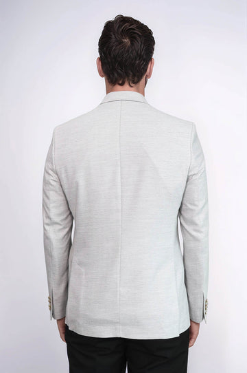 Light Grey Herringbone Pattern Gold Metal Button Slim Fit Men's Blazer Jacket - Wessi