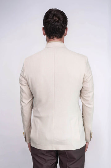 Beige Herringbone Pattern Gold MetalButton Slim Fit Men's Blazer Jacket - Wessi