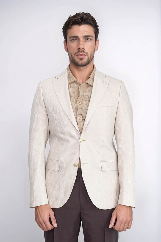 Beige Herringbone Pattern Gold MetalButton Slim Fit Men's Blazer Jacket - Wessi