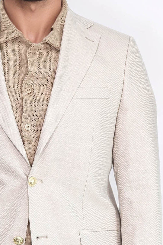 Beige Herringbone Pattern Gold MetalButton Slim Fit Men's Blazer Jacket - Wessi