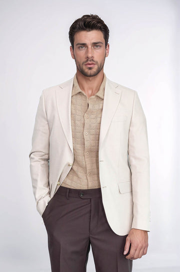Beige Herringbone Pattern Gold MetalButton Slim Fit Men's Blazer Jacket - Wessi