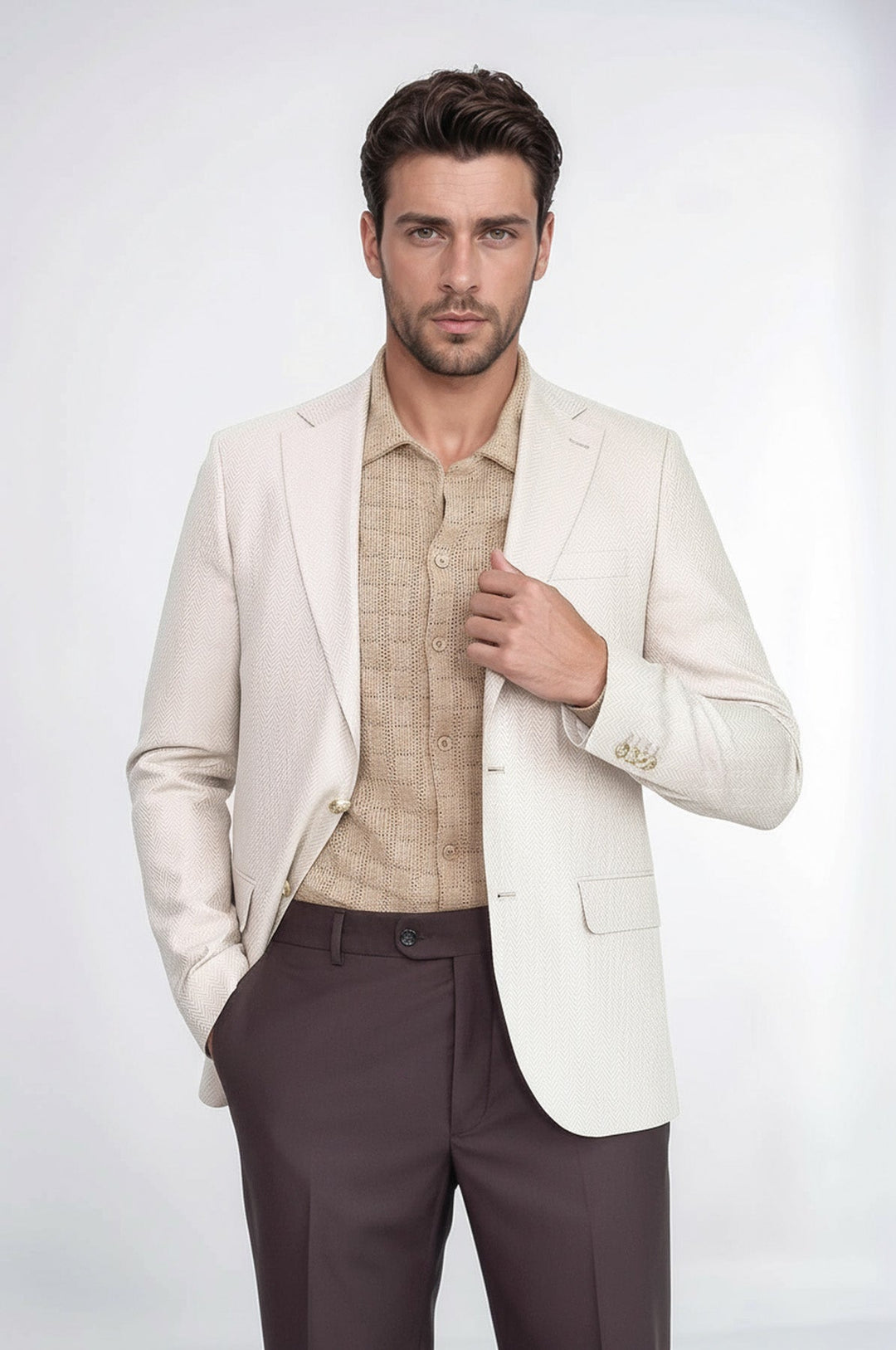 Beige Herringbone Pattern Gold MetalButton Slim Fit Men's Blazer Jacket - Wessi