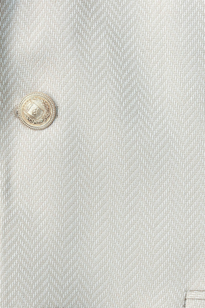 Beige Herringbone Pattern Gold MetalButton Slim Fit Men's Blazer Jacket - Wessi