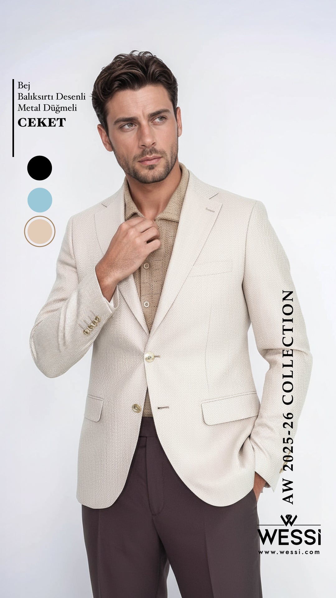 Beige Herringbone Pattern Gold MetalButton Slim Fit Men's Blazer Jacket - Wessi