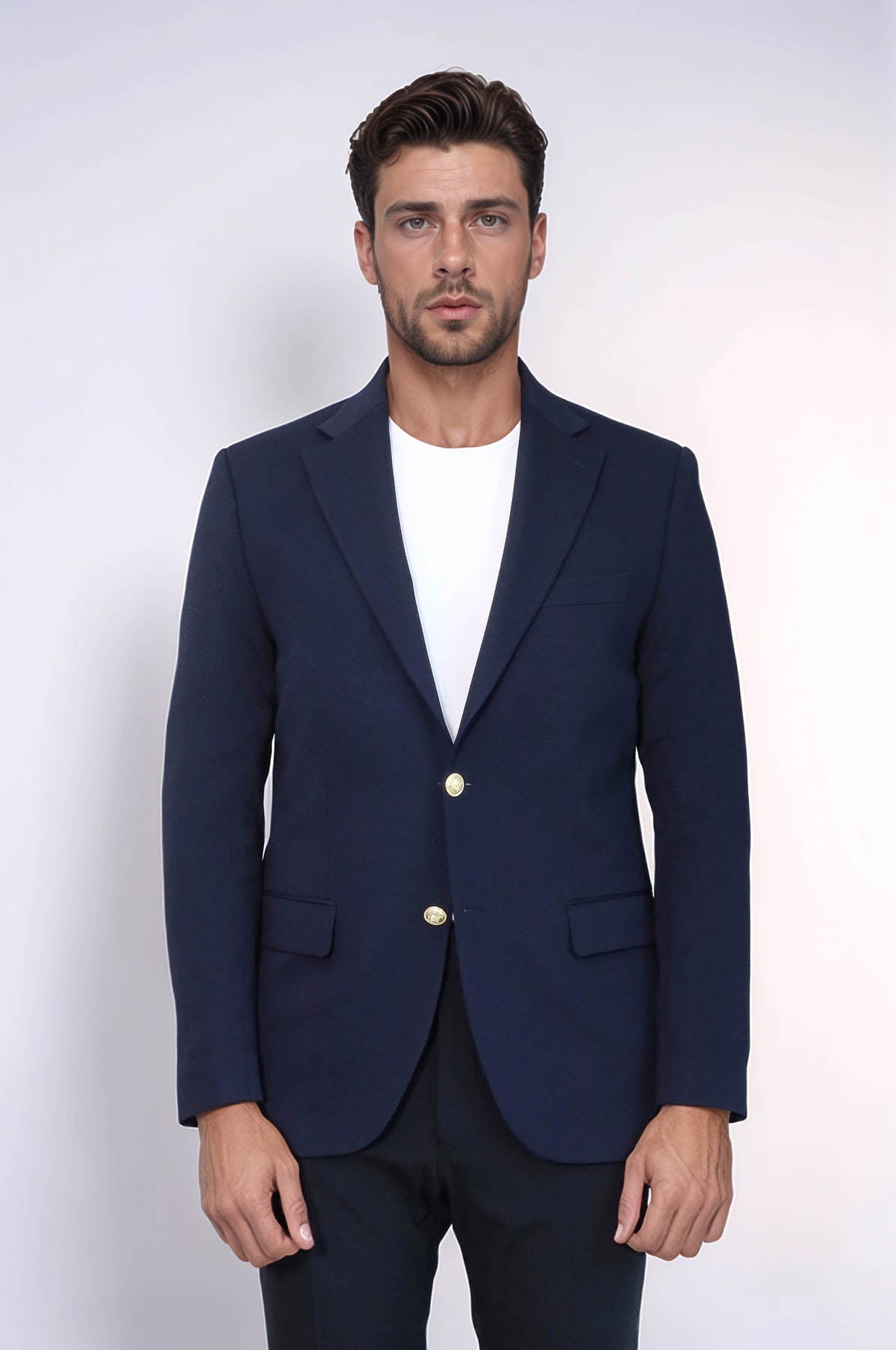 Navy Blue Textured Gold Metal Button Slim Fit Men's Blazer | Wessi