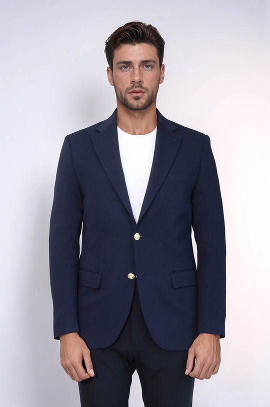 Navy Blue Textured Gold Metal Button Slim Fit Men's Blazer | Wessi Wessi - Discover Diversity Navy Blue Textured Gold Metal Button Slim Fit Men's Blazer | Wessi Wessi - Discover Diversity