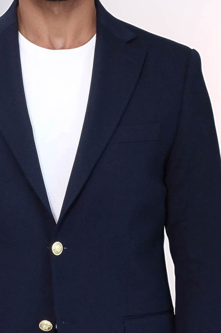 Navy Blue Textured Gold Metal Button Slim Fit Men's Blazer Jacket - Wessi