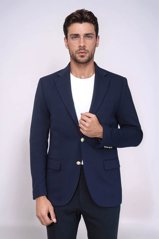 Navy Blue Textured Gold Metal Button Slim Fit Men's Blazer | Wessi Wessi - Discover Diversity Navy Blue Textured Gold Metal Button Slim Fit Men's Blazer | Wessi Wessi - Discover Diversity