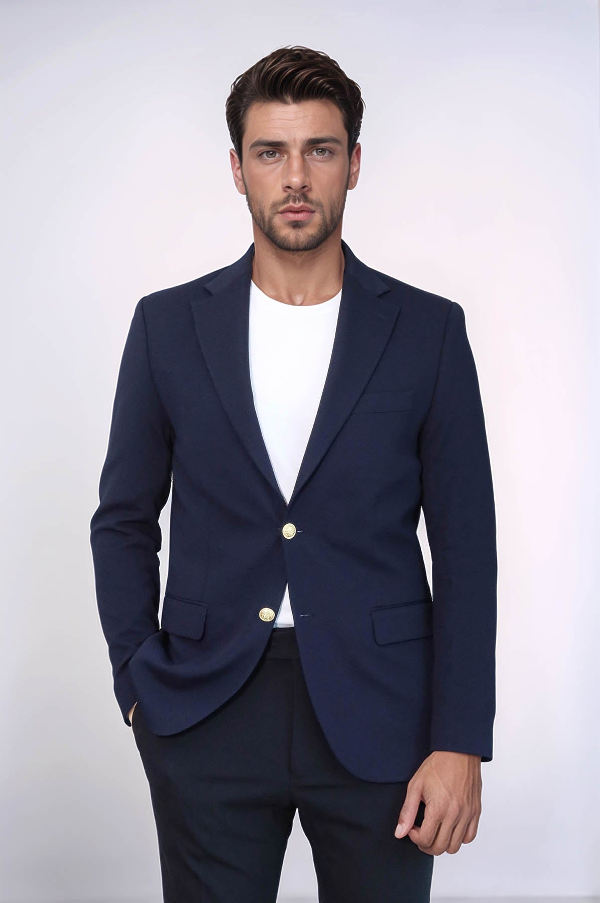 Navy Blue Textured Gold Metal Button Slim Fit Men's Blazer | Wessi