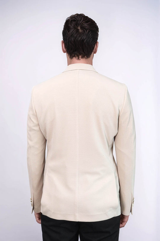 Beige Textured Gold Metal Button Slim Fit Men's Blazer Jacket - Wessi