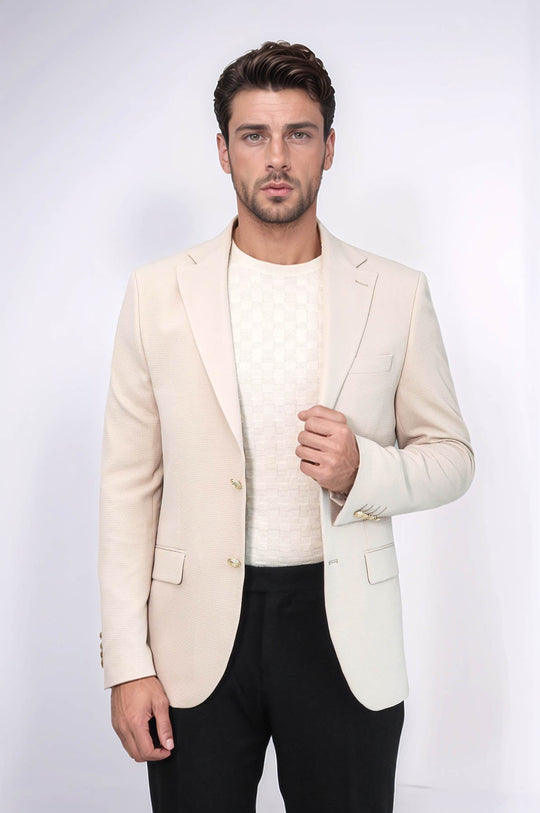 Beige Textured Gold Metal Button Slim Fit Men's Blazer Jacket - Wessi