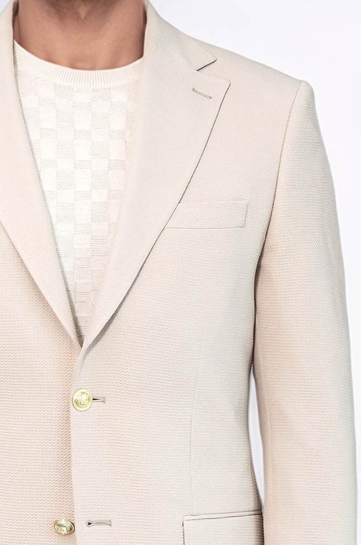 Beige Textured Gold Metal Button Slim Fit Men's Blazer Jacket - Wessi