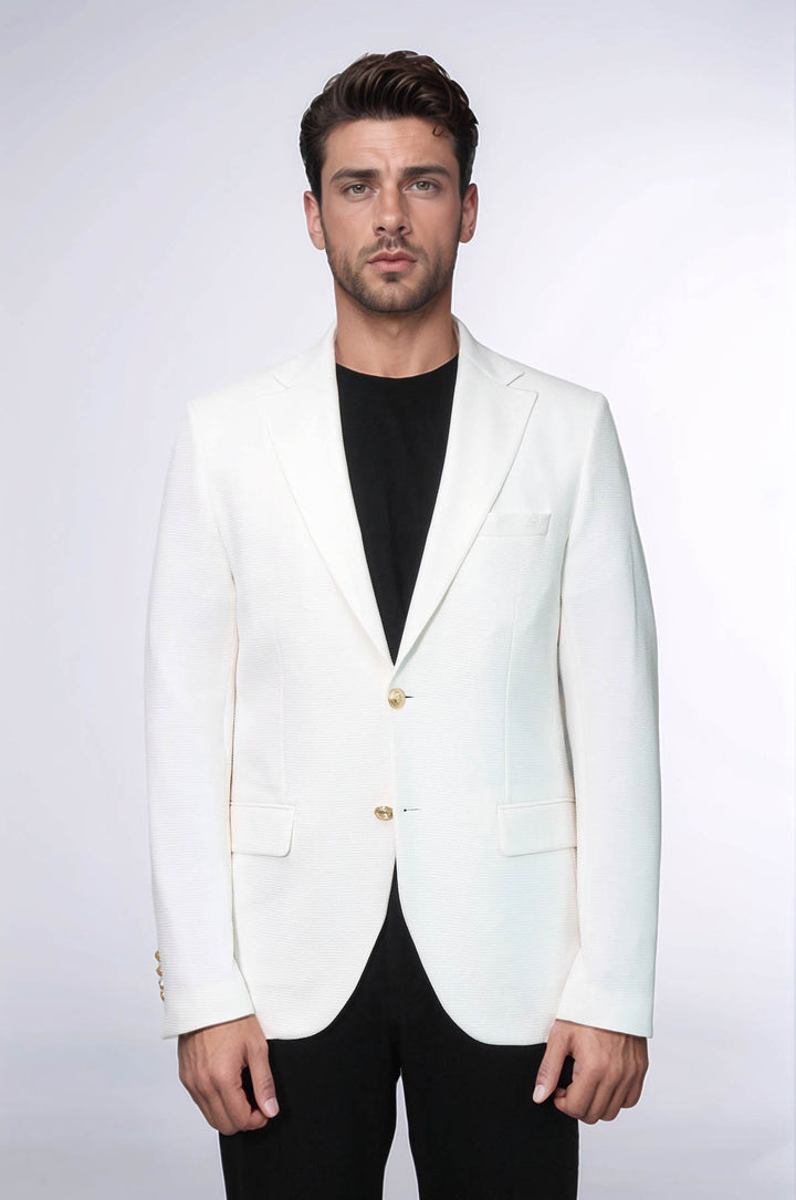 Ecru Textured Gold Metal Button Slim Fit Men's Blazer Jacket - Wessi