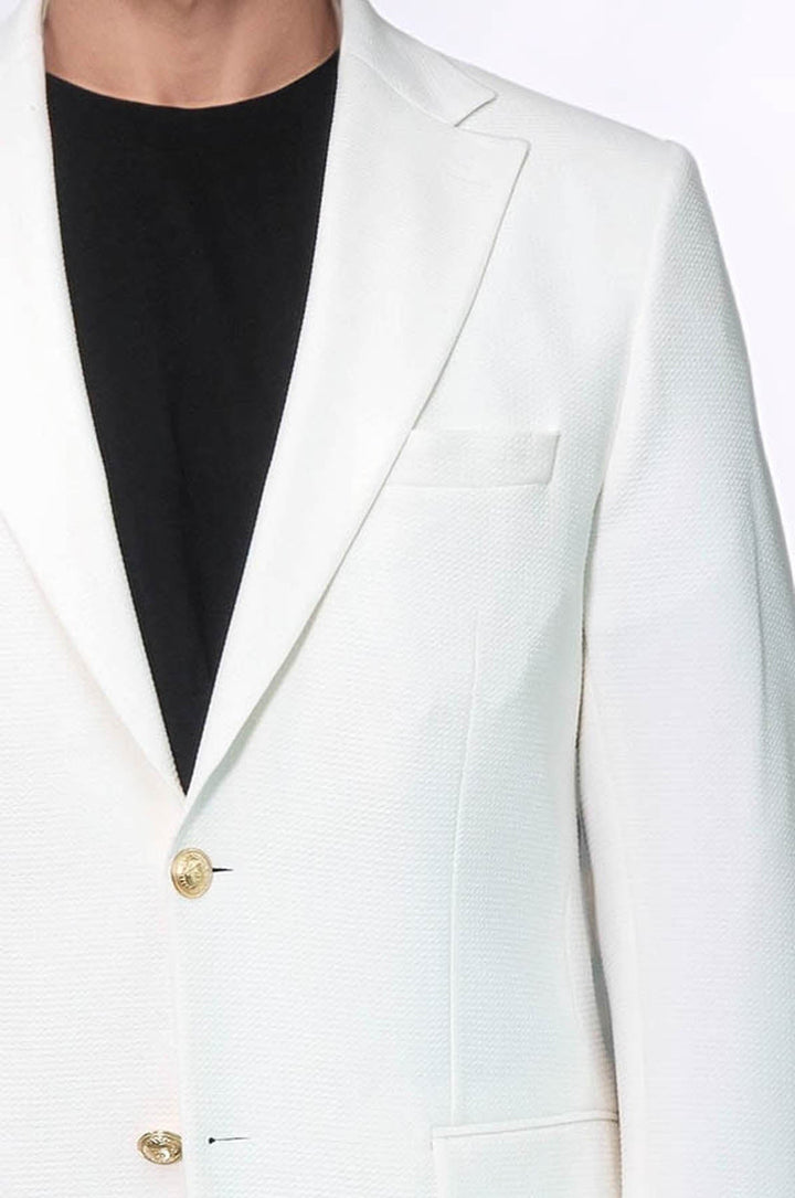 Ecru Textured Gold Metal Button Slim Fit Men's Blazer Jacket - Wessi