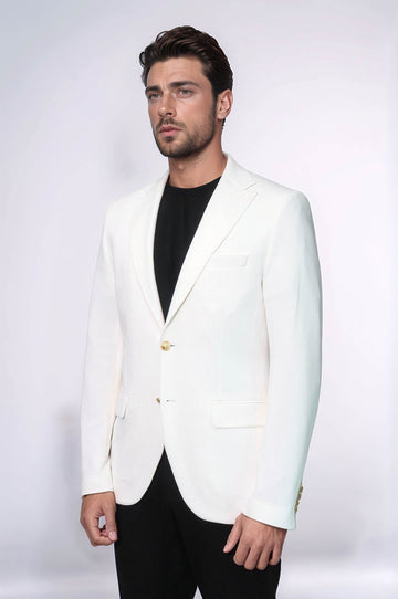 Ecru Textured Gold Metal Button Slim Fit Men's Blazer Jacket - Wessi