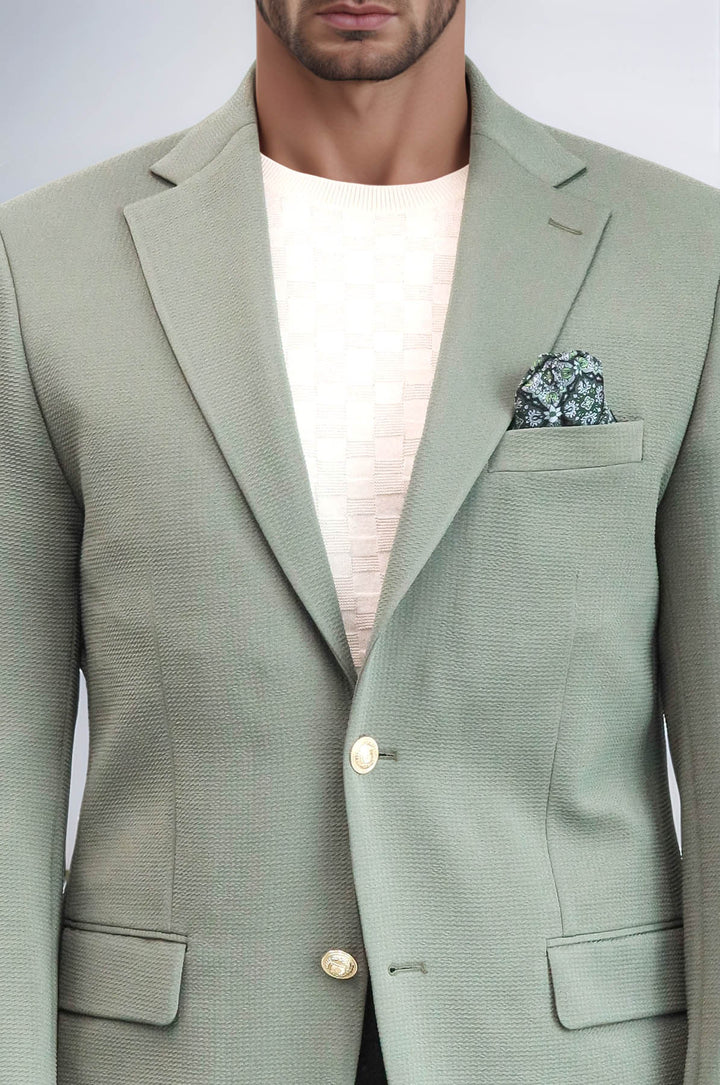 Sage Green Textured Gold Metal Button Slim Fit Men's Blazer Jacket - Wessi