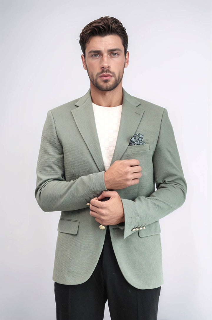Sage Green Textured Gold Metal Button Slim Fit Men's Blazer Jacket - Wessi