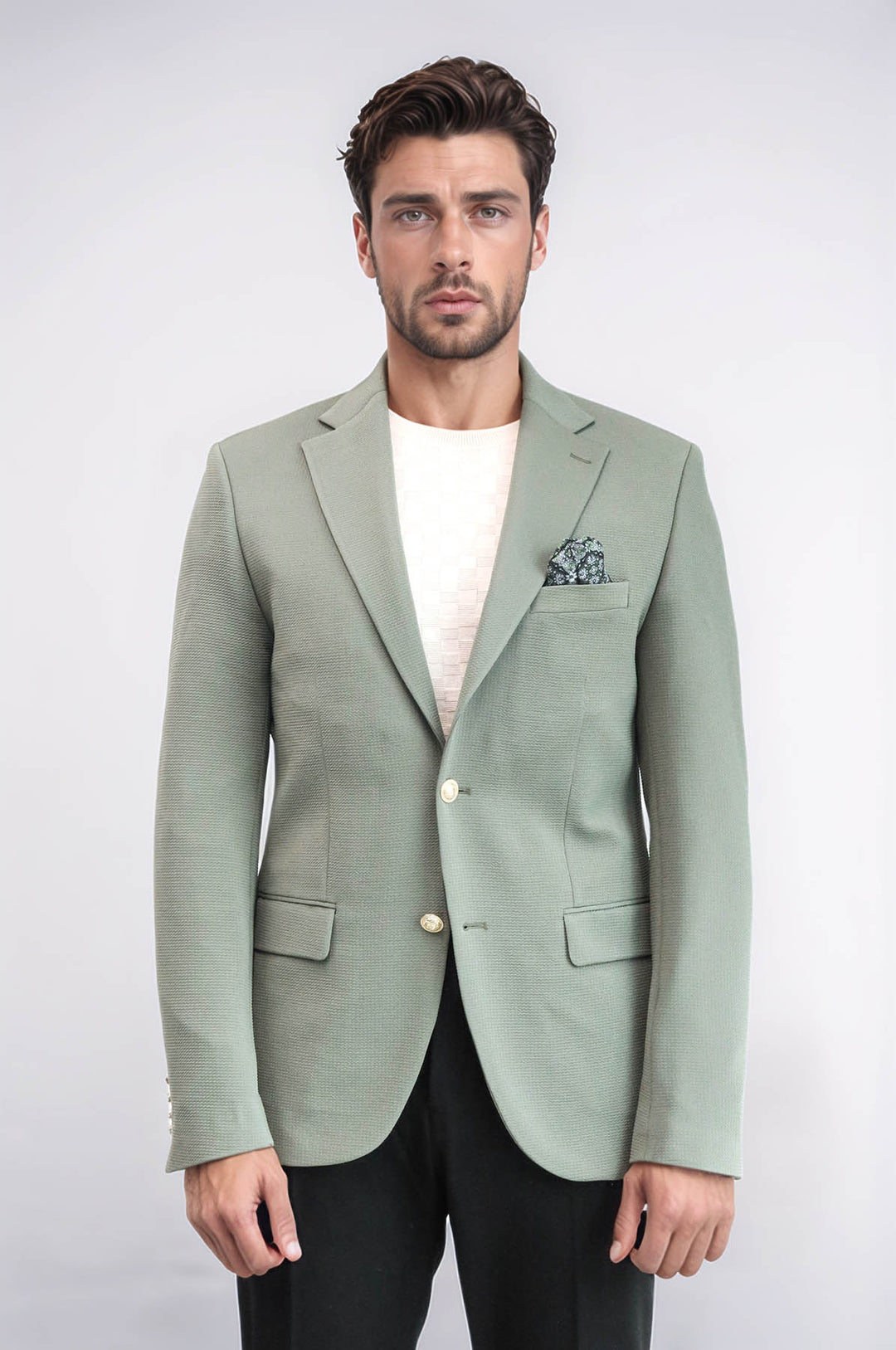 Sage Green Textured Gold Metal Button Slim Fit Men's Blazer Jacket - Wessi