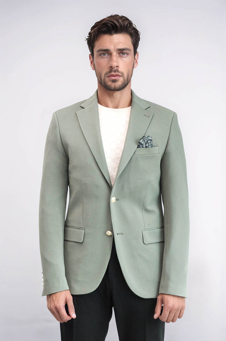Sage Green Textured Gold Metal Button Slim Fit Men's Blazer Jacket - Wessi