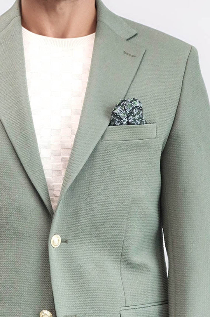 Sage Green Textured Gold Metal Button Slim Fit Men's Blazer Jacket - Wessi